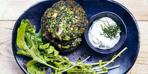 Mint,pea,spinach and chia fritters. Recipe from Week Light:Super-Fast Meals to Make You Feel Good by Donna Hay. Published by HarperCollins Publishers (Australia) Pty Ltd. RRP $45. Pic credit:Con Poulos For Good Food Magazine,October 4,2019. Photographer:Con Poulos (Single print and online use) GOOD FOOD RGB