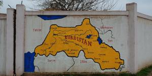 Map of Kurdistan hand-painted on a wall in the main city of Qamishli,in Rojava,north-eastern Syria. 