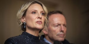 Katherine Deves and Tony Abbott - pictured on election night - were not present at Monday’s meeting of Warringah Liberals.