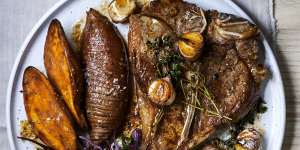 Garlic and herb steak with salt and vinegar hassleback sweet potatoes.