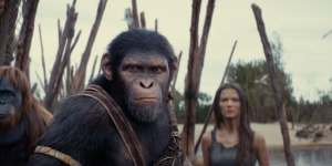 Raka (played by Peter Macon),Noa (played by Owen Teague) and Freya Allan as Nova in Kingdom of the Planet of the Apes.