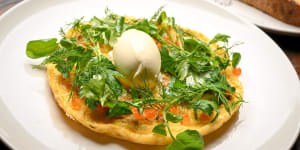 Frittata with smoked trout and salmon roe.