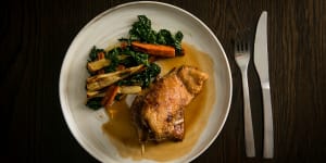 Go-to dish:Roasted duck with carrots,parsnips and cavolo nero.