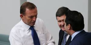 Some of the MPs describing themselves as Tony Abbott's'deplorables'. Recently promoted Victorian MP Michael Sukkar (right) and former cabinet minister Kevin Andrews (centre) with former prime minister Tony Abbott. 