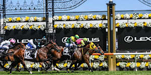 Lexus signage on the Flemington winning post for last year’s Melbourne Cup. 