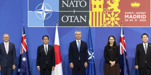 Prime Minister Anthony Albanese,Japanese Prime Minister Fumio Kishida,NATO Secretary-General Jens Stoltenberg,NZ Prime Minister Jacinda Ardern and South Korean President Yoon Suk-yeol during the “family photo” of the Asia-Pacific partners at the NATO leaders’ summit in Madrid.