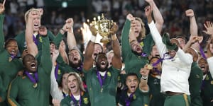 South Africa captain Siya Kolisi lifts the Webb Ellis Cup after defeating England in the 2019 World Cup final in Yokohama.