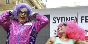 Dame Edna Everidge performs a Zumba fitness dance for weight loss company Jenny Craig in Sydney in January 2013.