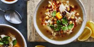 Danielle Alvarez’s chicken,pumpkin,chickpea and rice soup with spiced chilli oil.