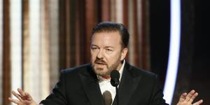 "If you win,come up,accept your little award,thank your agent and your god,and ..."Ricky Gervais opens the 77th annual Golden Globe Awards.
