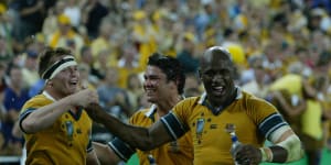 High-profile league recruit Wendell Sailor celebrating after the Wallabies won through to the 2003 Rugby World Cup final.