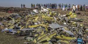 Wreckage is piled at the crash scene of an Ethiopian Airlines flight crash near Bishoftu,Ethiopia.