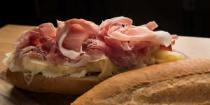 A Rocco Roll filled with prosciutto from Rocco's Deli in Yarraville.