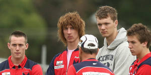 Melbourne’s 2009 recruits meet coaching staff. From left:Tom Scully,Jack Fitzpatrick,Max Gawn and Jack Trengove.