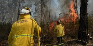 NSW Rural Fire Service workers control a bushfire from a property in Wallacia last week.