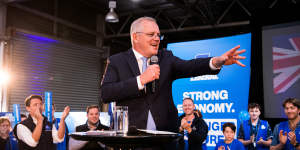 Scott Morrison attends a campaign rally at the RFDS hangar at Launceston Airport,in the Tasmanian seat of Lyons.