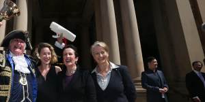 In better days:Town crier Graham Keating,Jess Miller,Sydney Lord Mayor Clover Moore and Professor Kerryn Phelps on the steps of Town Hall at the proclamation of the 2016 council.