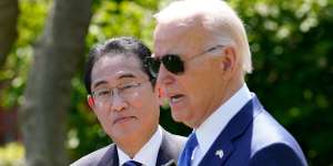Fumio Kishida,Japan’s prime minister,left,and US President Joe Biden at a news conference during a state visit in Washington.
