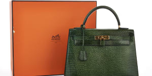 A Hermes forest green lizard ‘Kelly’ Sellier bag,estimated to be worth between $30,000 and $40,000.