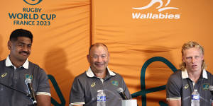 Will Skelton,Eddie Jones and Carter Gordon at a Wallabies press conference at the Rugby World Cup.