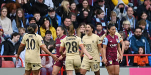 Sam Kerr (second from right) celebrates with her teammates after scoring the decisive goal in Chelsea’s FA Cup semi-final against Aston Villa.