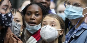 Expectations high:Climate activist Greta Thunberg demonstrates in front of the Standard and Chartered Bank during a climate protest in London,England ahead of COP26 in Britain.