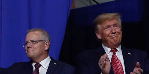 Prime Minister Scott Morrison and United States President Donald Trump greet the crowd in Ohio. 