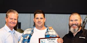 Hayden Jones receiving an award for his CFMEU work on the Cairns Convention Centre site,with Michael Ravbar (left) and Jade Ingham.