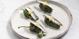 Grilled peppers with anchovy and preserved lemon.