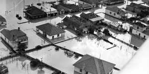 Aerial view of Maitland during heavy floods,August 16,1952.