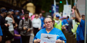 Colette Duff at the nurses’ protest outside State Parliament during their 24-hour strike on Wednesday.