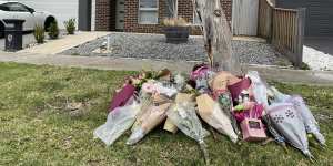 Flowers left outside Celeste Manno’s home in Mernda where she was killed in November 2020. 
