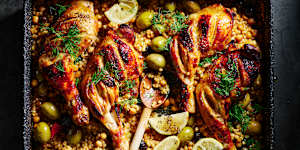 Sticky pomegranate and cous cous chicken tray bake.