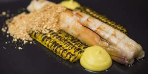 Flavours pop:Prawns,char-grilled corn,miso corn butter and curry oil.