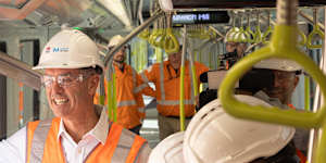 Transport Minister John Graham rides the metro train from Bankstown to Marrickville on Tuesday.