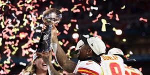 Jerick McKinnon celebrates the Chiefs’ Super Bowl win.