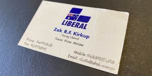 The business card WA Liberal leadership contender Zak Kirkup mailed to political reporter Gary Adshead as a teenager after handing one just like it to then Prime Minister John Howard in the early 2000s.