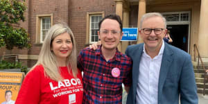 Labor’s Zoi Tsardoulias,Mat Howard,and federal Labor leader Anthony Albanese outside the Marrickville Town Hall polling station on December 4.