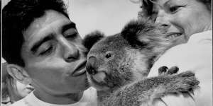 Diego Maradona meets Lowana the koala at Taronga Zoo.