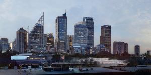 An artist's impression of Sydney Modern Project shows a dusk view from Woolloomooloo. 
