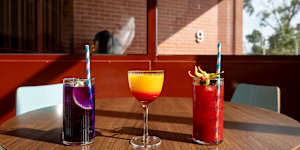 From left:Butterfly pea and jasmine iced tea,and Mimosa Sunrise and Bloody Mary cocktails.