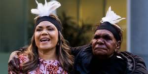 Senator Jacinta Price taking part in a traditional ceremony,with her grandmother Tess Napaljarri Ross prior to delivering her first speech in the senate.