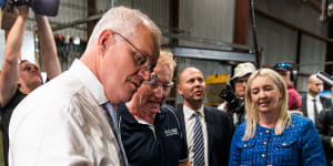 Prime Minister Scott Morrison on the campaign trail yesterday. 