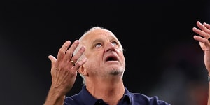 Graham Arnold reacts as the Socceroos are bundled out of the Asian Cup.