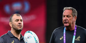 Mick Byrne,right,with former Wallabies coach Michael Cheika in 2019.