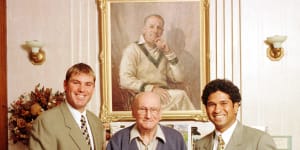 Shane Warne and Sachin Tendulkar with Sir Donald Bradman at a 90th birthday celebration at his home. 