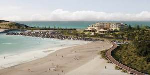 An artist’s impression of a boardwalk and “regional tourist destination” with accommodation and cafes envisioned for the Coffs Harbour jetty foreshore.