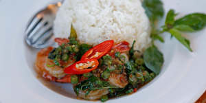 Gra Pow with chilli and basil at Jinda Thai in Abbotsford.