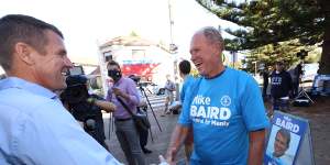 Mike greeting his father,Bruce,on NSW state election day in 2015.