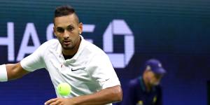 Taking a swing:Kyrgios in the backcourt against Rublev.